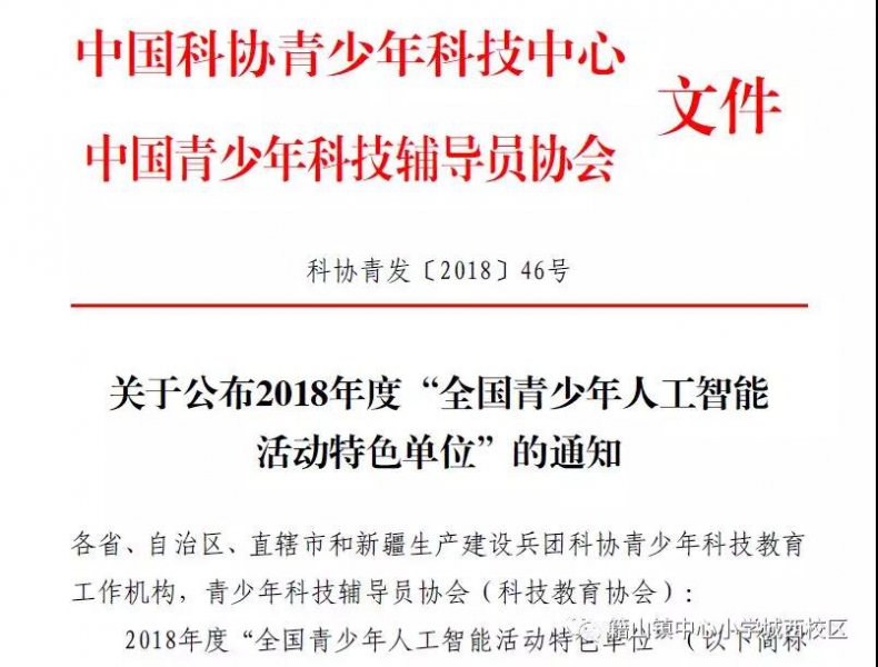 喜讯 | 城西校区荣获“全国青少年人工智能活动特色单位”！